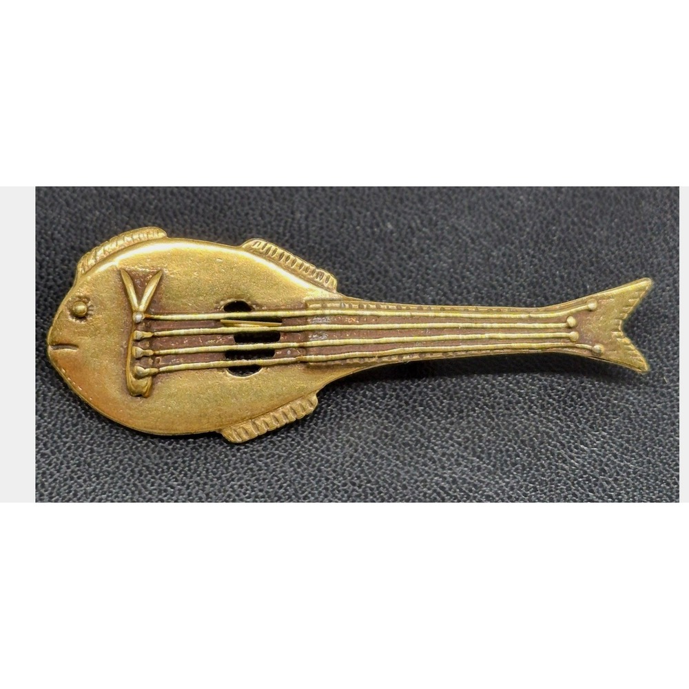 MMA Vintage Fish Lute‎ Brooch Gold Tone Musical Instrument Pendant Pin